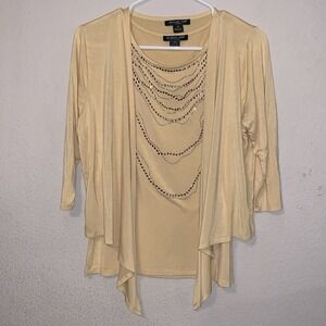 Vtg August Silk Womens PM 2-Piece Tank Top & Tie Cardigan Set Embellished Yellow